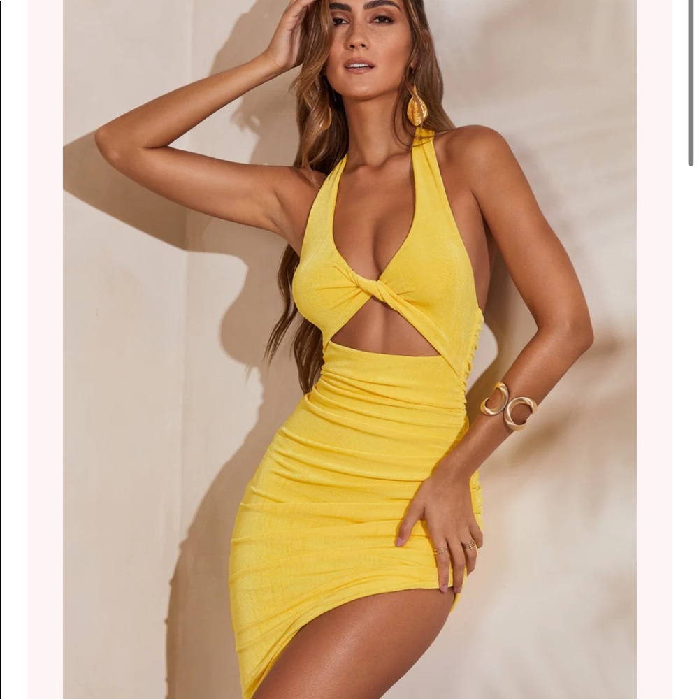 Oh Polly - Halter Neck Draped Midi Dress (Yellow)